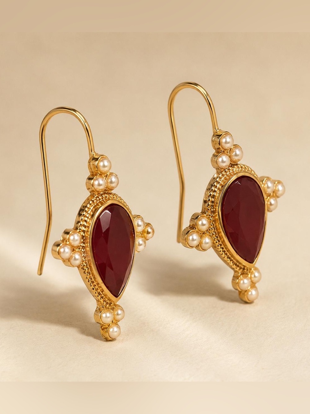 Gold Teardrop Pearl Accent Earrings in Deep Ruby Red